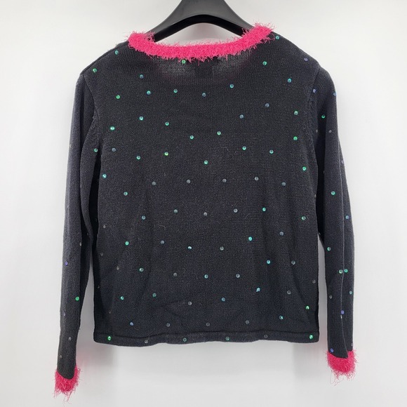 Mandal Bay Black Christmas Tree Sequin Sweater Pink Fuzzy Trim Large Vintage - Picture 2 of 7